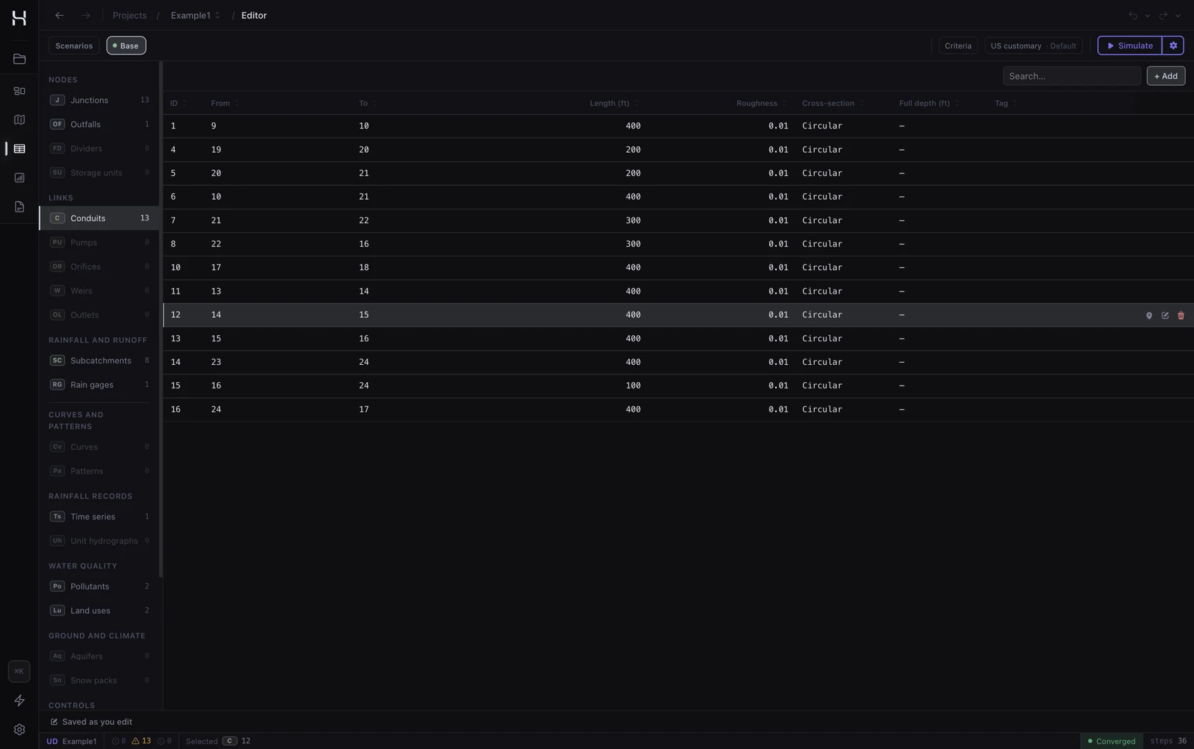 The editor view: conduits in a table with length, roughness and cross-section columns, and every element kind listed in a sidebar.